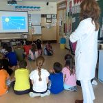 Grupo de niños sentados en el suelo en una clase de colegio, observando una pantalla